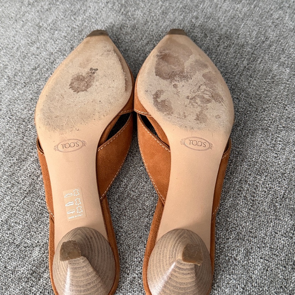Tod's Brown Suede Mules with Gold Accents - Picture 6 of 8